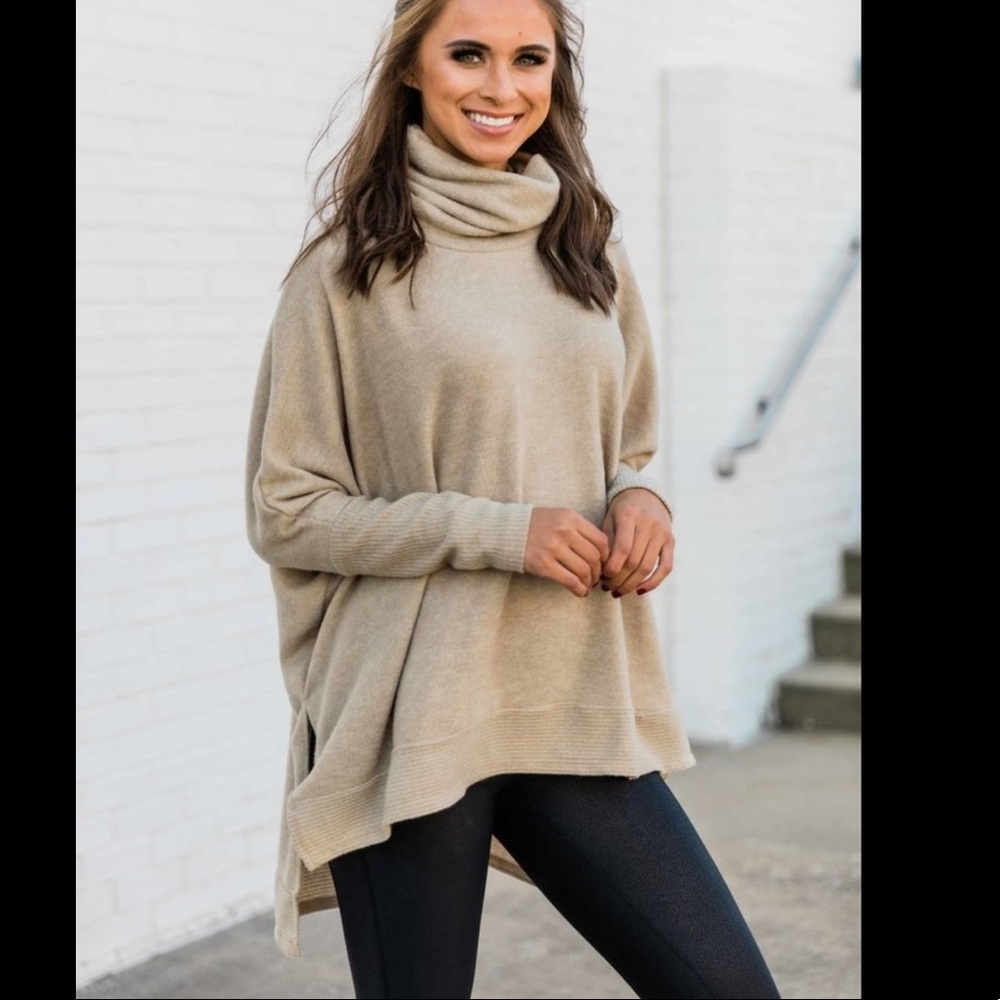 Pink Lily Story We Can Go The Distance Tan Oversized Soft Turtleneck Sweater New